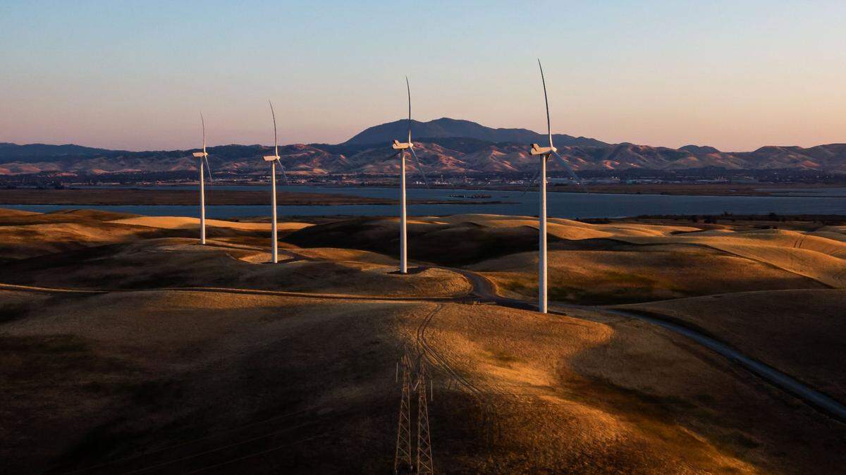 Wind turbines on the Montezuma Hills in Solano County produce renewable energy, powered by the Delta Breeze and currents that blow in from the San Francisco Bay Area, in May.