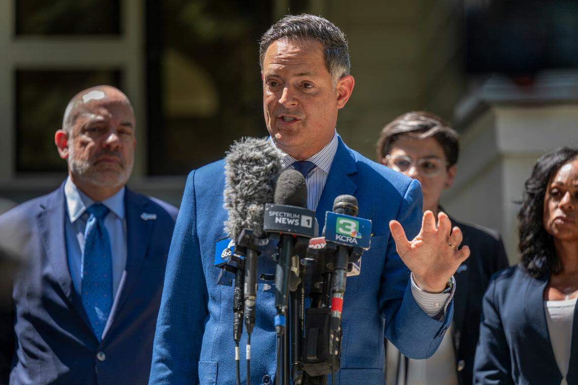 Democratic Texas state Rep. Rafael Anchia speaks in downtown Sacramento on Friday after meeting with Gov. Gavin Newsom about the Republican proposal to redistrict congressional seats in Texas before the midterm elections, a proposal that might set off a response in California.