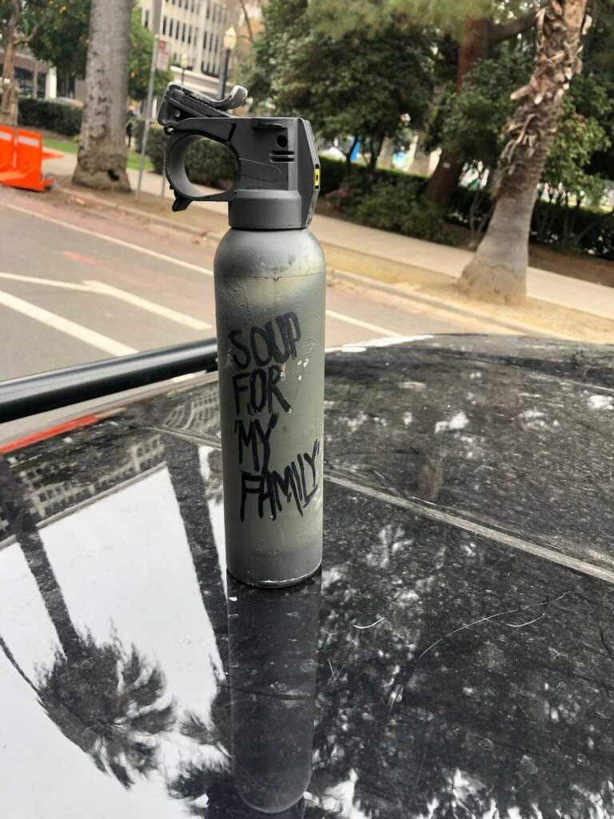 Sacramento police confiscated this can of pepper spray on Wednesday Jan. 6, 2021 in downtown Sacramento, California after a rally to support outgoing President Donald Trump near the state Capitol building led to skirmishes and 12 arrests for illegally possessing pepper spray.