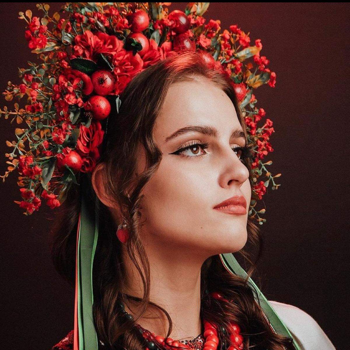 Daria Avtukh,, a key organizer for the Sunflower Society, in an image from a photo shoot wearing traditional Ukrainian clothes. Avtukh, also uses her reign as Miss Ukraine California as a platform to advocate for Ukraine and an end to Russian aggression.