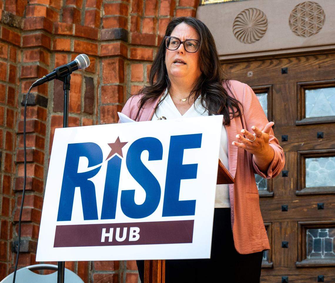 Jessie Maybry, CEO of Opening Doors, speaks peaks at a news conference for the newly formed Sacramento Regional Immigration Support & Empowerment Hub at Trinity Cathedral in Sacramento on Thursday. Opening Doors is a nonprofit that provides legal services to immigrants and is one of the leading organizers of RISE Hub.