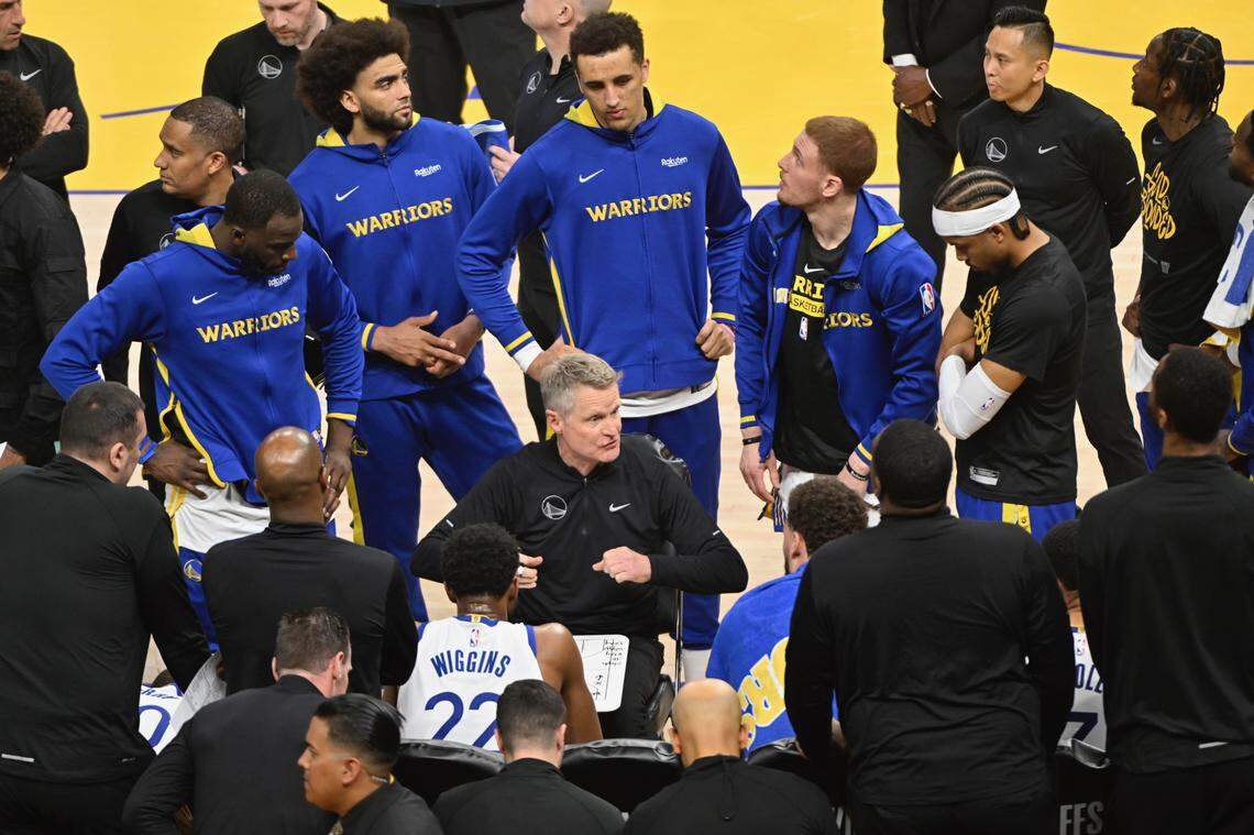 Golden State Warriors coach Steve Kerr speaks to his team during the first quarter of Game 4 of the first-round NBA playoff series at Chase Center in San Francisco on Sunday.