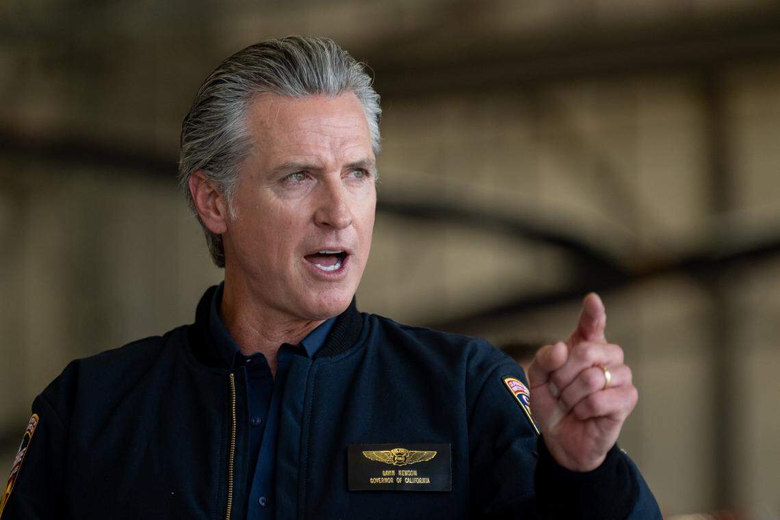 Gov. Gavin Newsom speaks at a news conference at McClellan Airport on Thursday, July 31, 2025, in Sacramento.