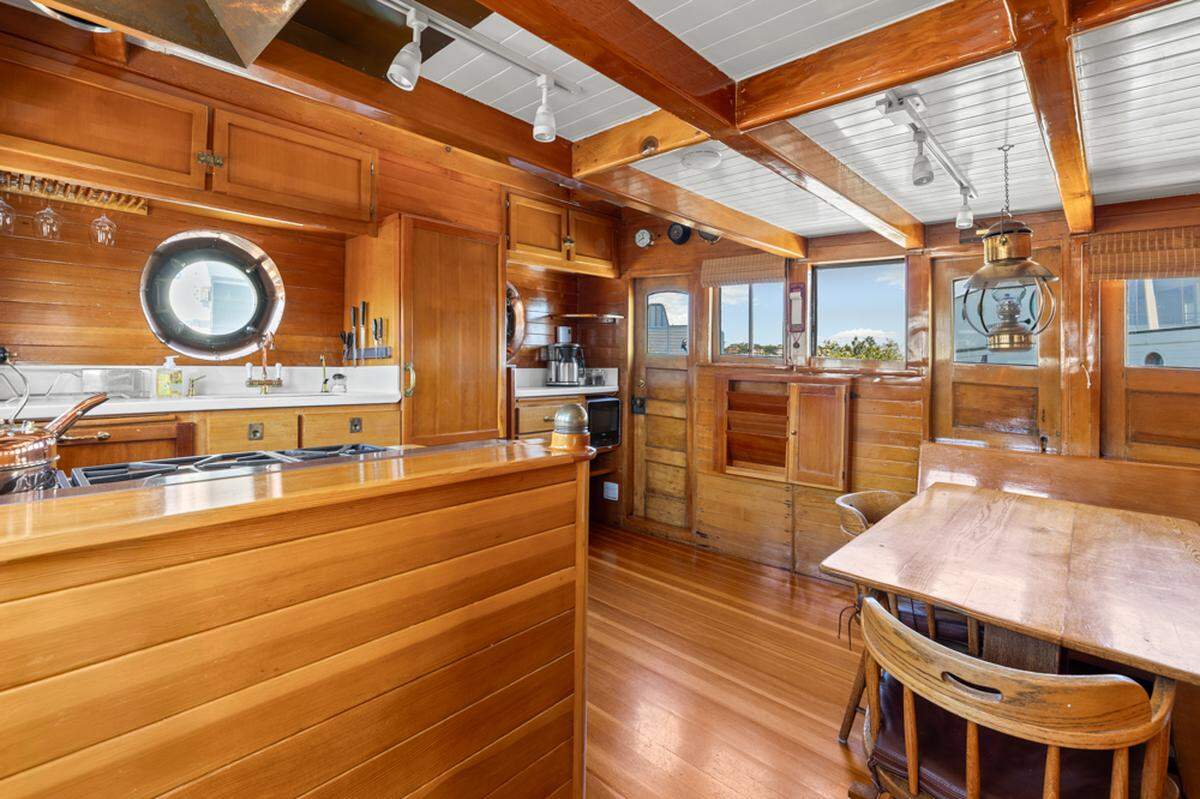 The full galley of the tugboat-turned-residence sitting in Sausalito.