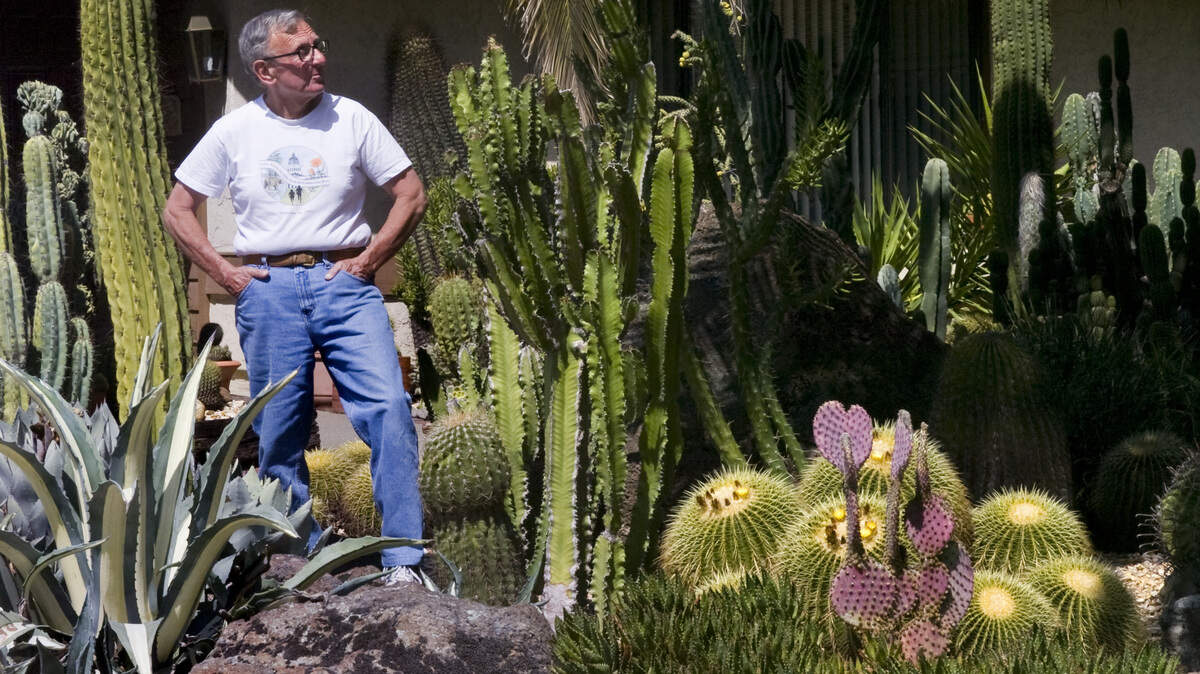 Dr. Norm Klein stands among the many cacti in his front yard in Rancho Cordova. Klein has the largest local collection of cacti in the area. Tuesday, May 11, 2009.