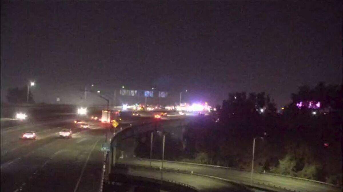 California Highway Patrol investigates the scene where a vehicle reportedly struck a pedestrian Friday morning on eastbound Highway 50 near the Interstate 5 offramp.