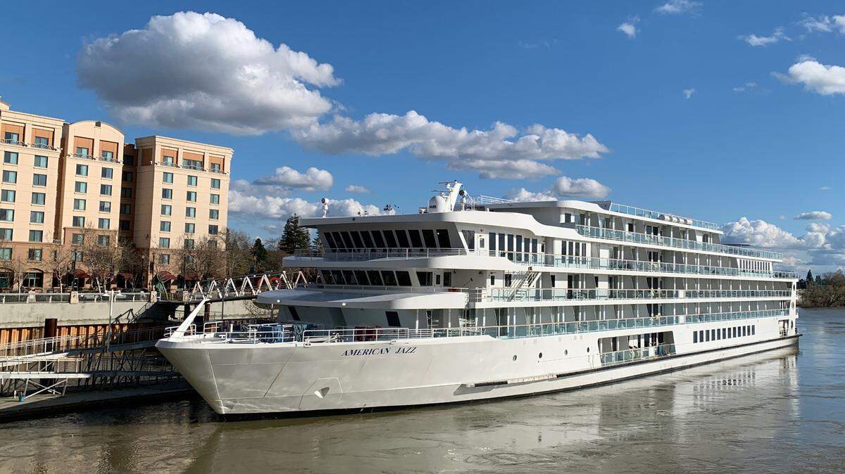 The American Jazz docks on the Sacramento waterfront on March 30, 2023, for an eight-day American River Cruises journey that includes stops in Vallejo, Napa and Stockton.