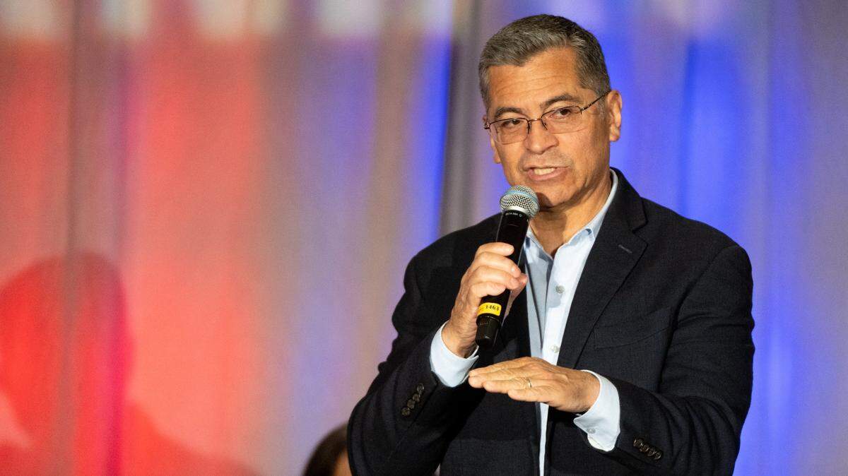 Former U.S. Health and Human Services Secretary Xavier Becerra speaks during a gubernatorial candidate salon hosted by the California Federation of Labor Unions, AFL-CIO and the State Building and Construction Trades Council at the Sheraton Grand Hotel in Sacramento on May 12, 2025.