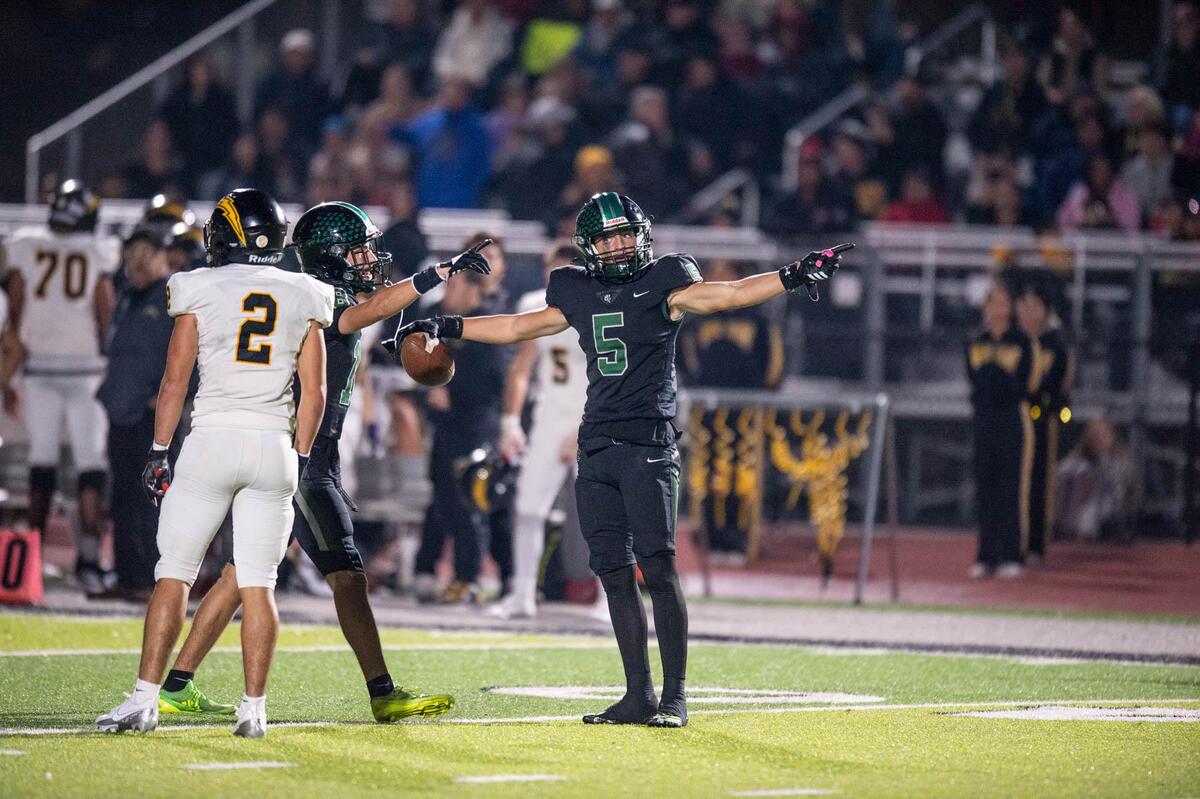 The Twelve Bridges Raging Rhinos’ Gavin Rappa (5) reacts after holding on to a long pass against the Wilcox Chargers in the first quarter of the CIF Northern California Division 2-A championship game on Saturday, Dec. 7, 2024, in Lincoln.