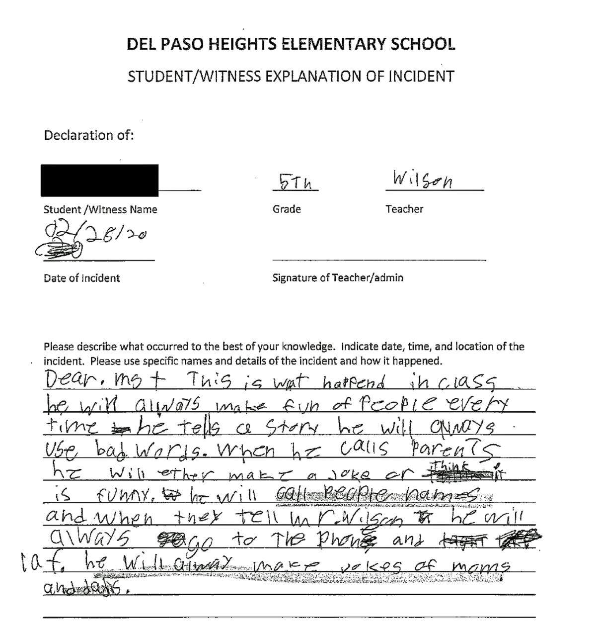 This edited note from a student at Del Paso Heights Elementary School reveals details of fifth-grade teacher Kim Kenneth Wilson’s use of inappropriate language. Not shown are the words the student said he used.