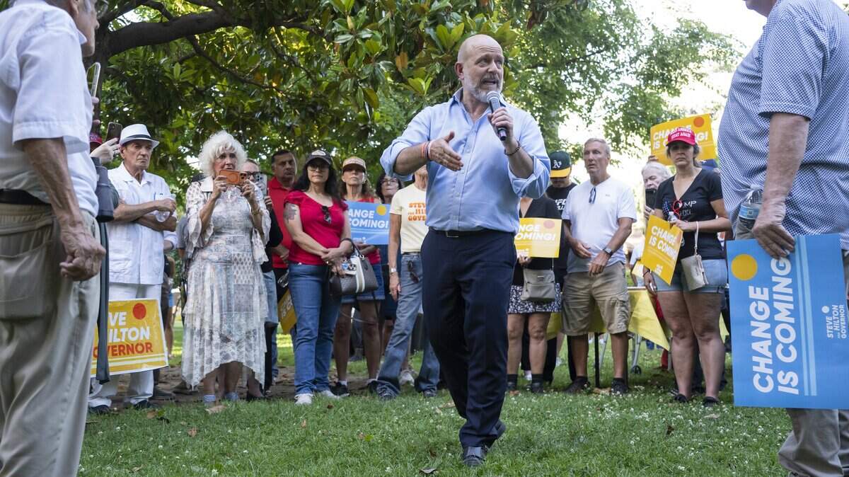 Republican candidate for governor Steve Hilton speaks with supporters following the California primary election outside the state Capitol on Wednesday, June 3, 2026.