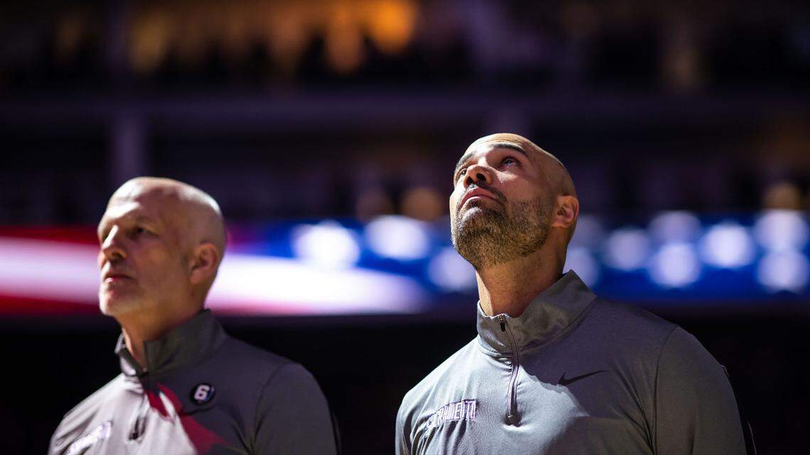 Sacramento Kings associate head coach Jordi Fernandez looks up at the end of the National Anthem before the Kings play against the Minnesota Timberwolves at the NBA basketball game Saturday, March 4, 2023, at Golden 1 Center in Sacramento.