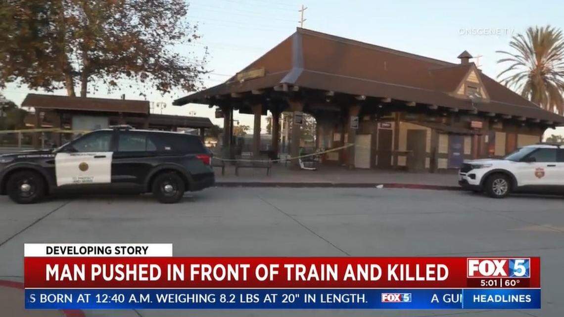 Two men were walking across the platform when one shoved the other into the train, California police say.