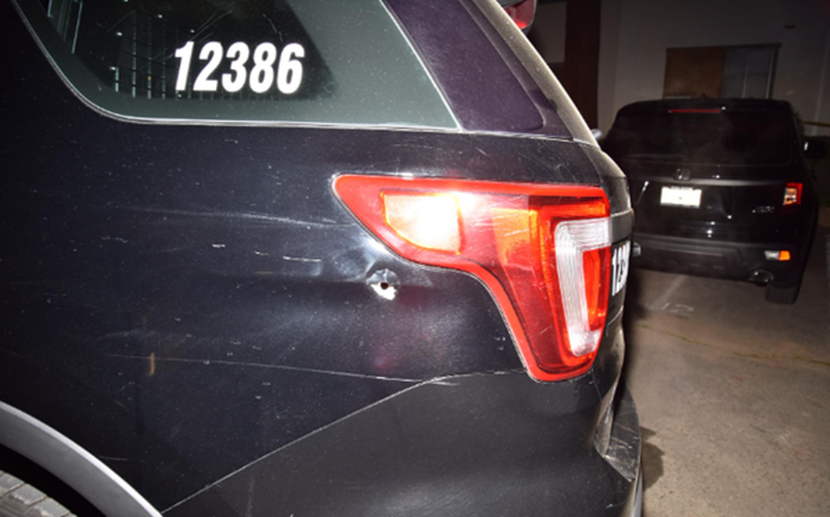 A Sacramento Police Department patrol vehicle was hit by gunfire during a shootout with a suspect at an apartment complex in the 6200 block of Lemon Hill Avenue on November 28, 2021.