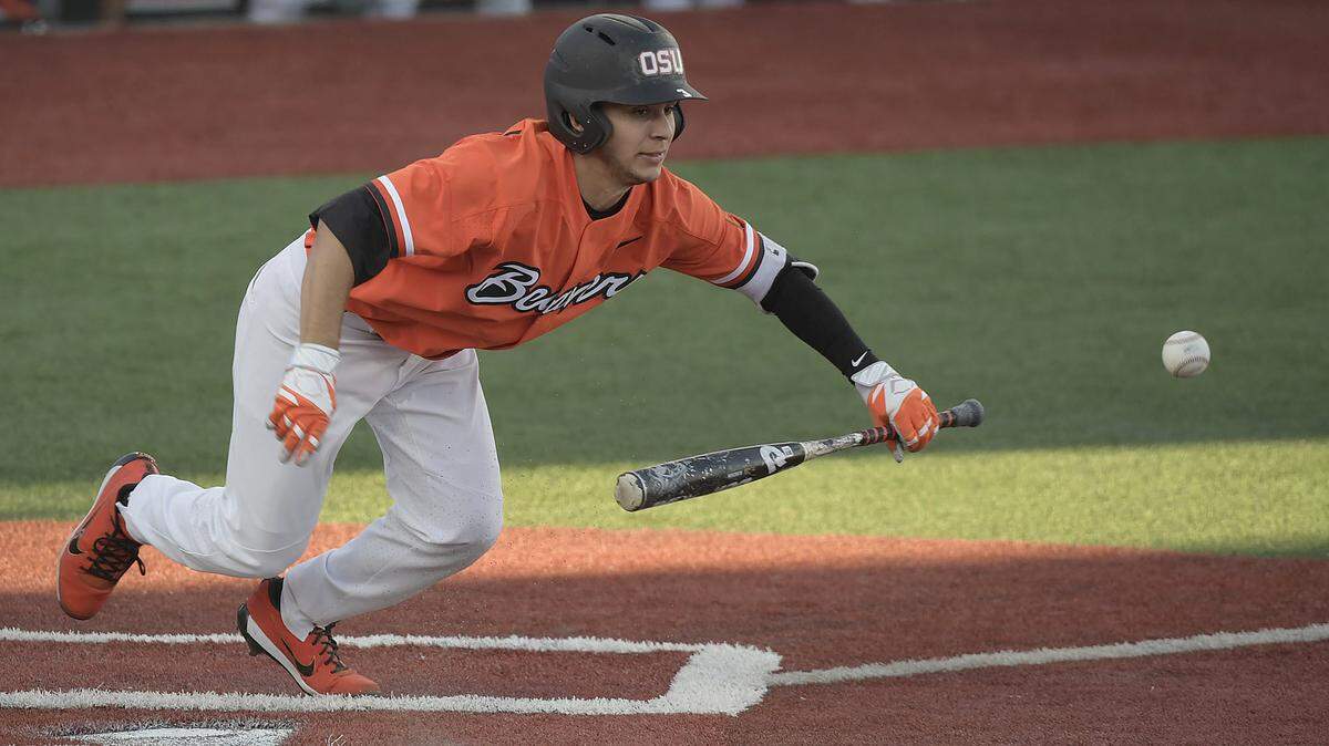 Oregon State's Nick Madrigal puts down a bunt against Yale on June 4, 2017, in Corvallis, Ore. The Elk Grove High product was selected by the Chicago White Sox with the fourth overall pick in Monday's draft.
