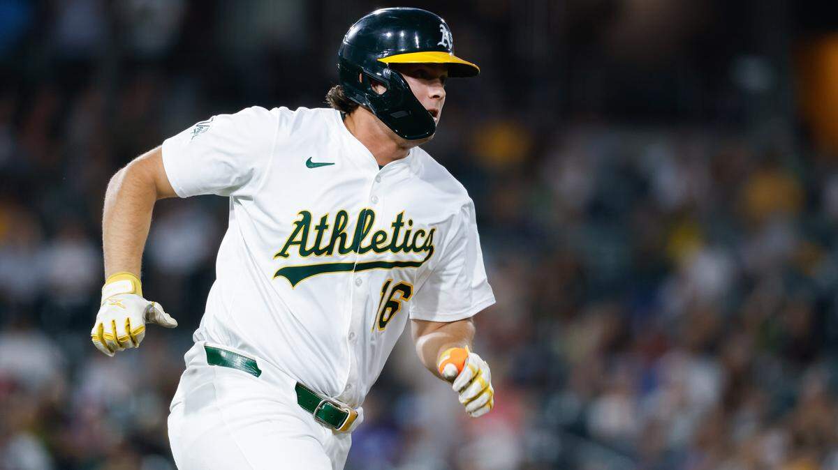 Athletics first baseman Nick Kurtz hits a double during the first inning Tuesday against the Houston Astros at Sutter Health Park in West Sacramento. Kurtz hit two home runs Thursday in the series finale as the A’s lost 11-5 to the Astros.