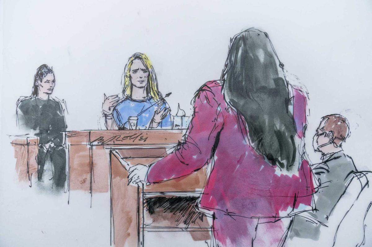 In this courtroom artist sketch, First Partner Jennifer Siebel Newsom takes the stand at the trial of Harvey Weinstein in Los Angeles on Nov. 14.