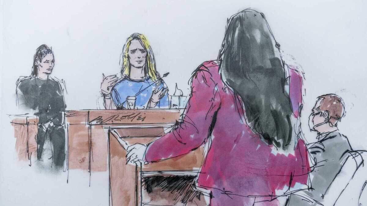 In this courtroom artist sketch, First Partner Jennifer Siebel Newsom takes the stand at the trial of Harvey Weinstein in Los Angeles on Monday.
