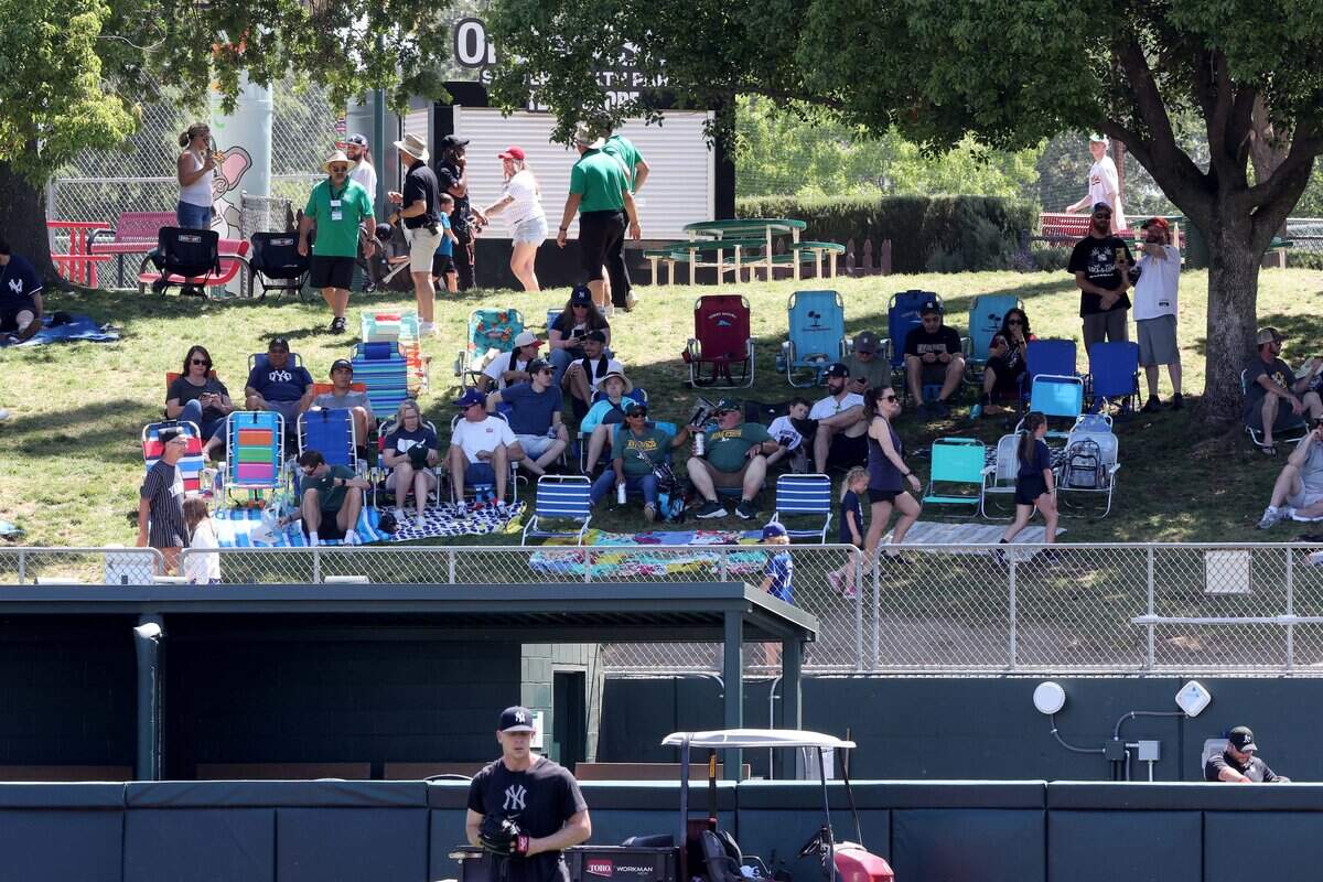 May 10, 2025; West Sacramento, California, USA; Baseball fans find shade under a tree in the grass outfield before a game against the New York Yankees and the Athletics at Sutter Health Park. Mandatory Credit: Dennis Lee-Imagn Images