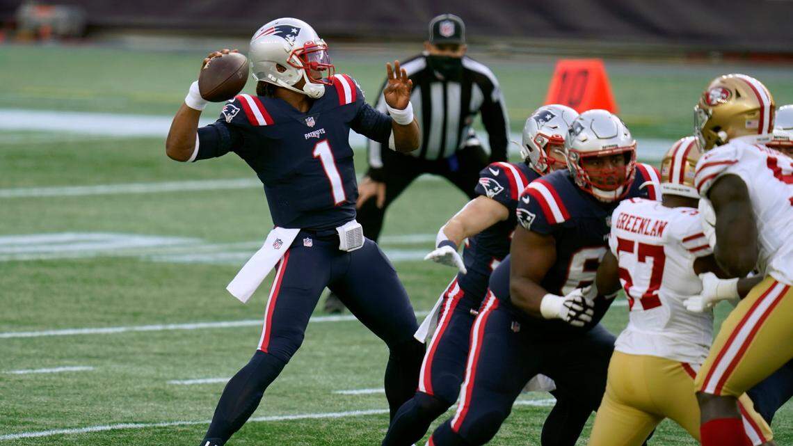 New England quarterback Cam Newton passes against the San Francisco 49ers.