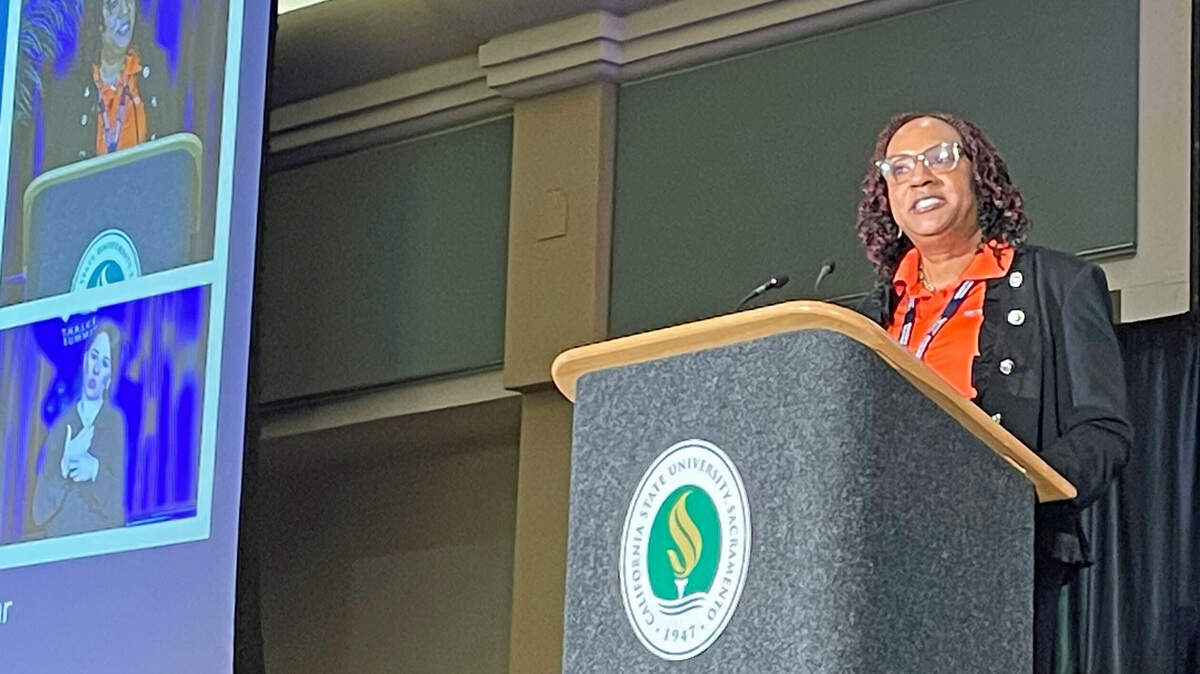 Cephoni Jackson, the chief diversity, equity and inclusion officer for Sacramento County, addresses the T.H.R.I.V.E. summit at Sacramento State on Oct. 15, 2025. The summit highlighted equity concerning housing, public safety and health.