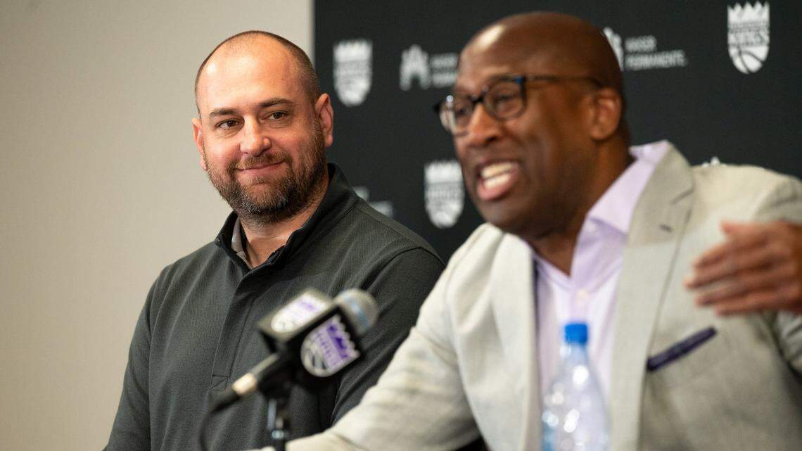 Sacramento Kings new head coach Mike Brown talks to the media with GM Monte McNair during a press conference at the Golden 1 Center in Sacramento, Tuesday, June 21, 2022.
