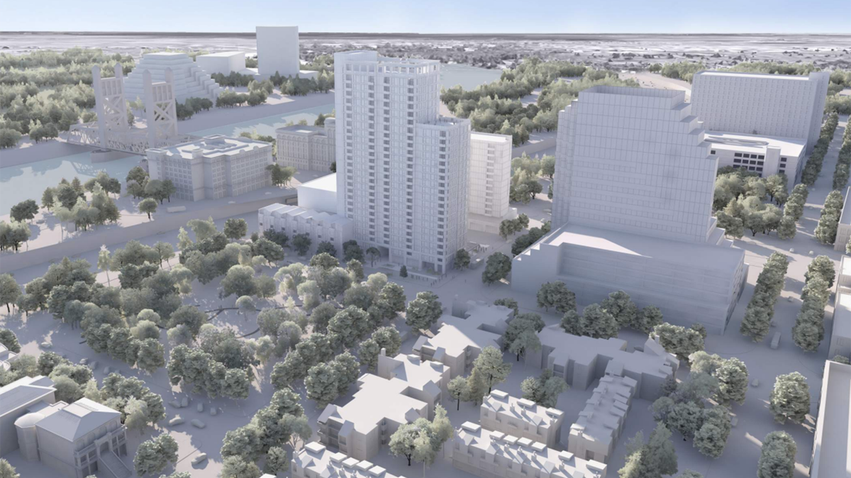 An updated rendering of a project at Third Street and Capitol Mall in downtown Sacramento shows two high-rise residential towers and 21 town homes. Construction is expected to begin on the project in the second half of 2023.