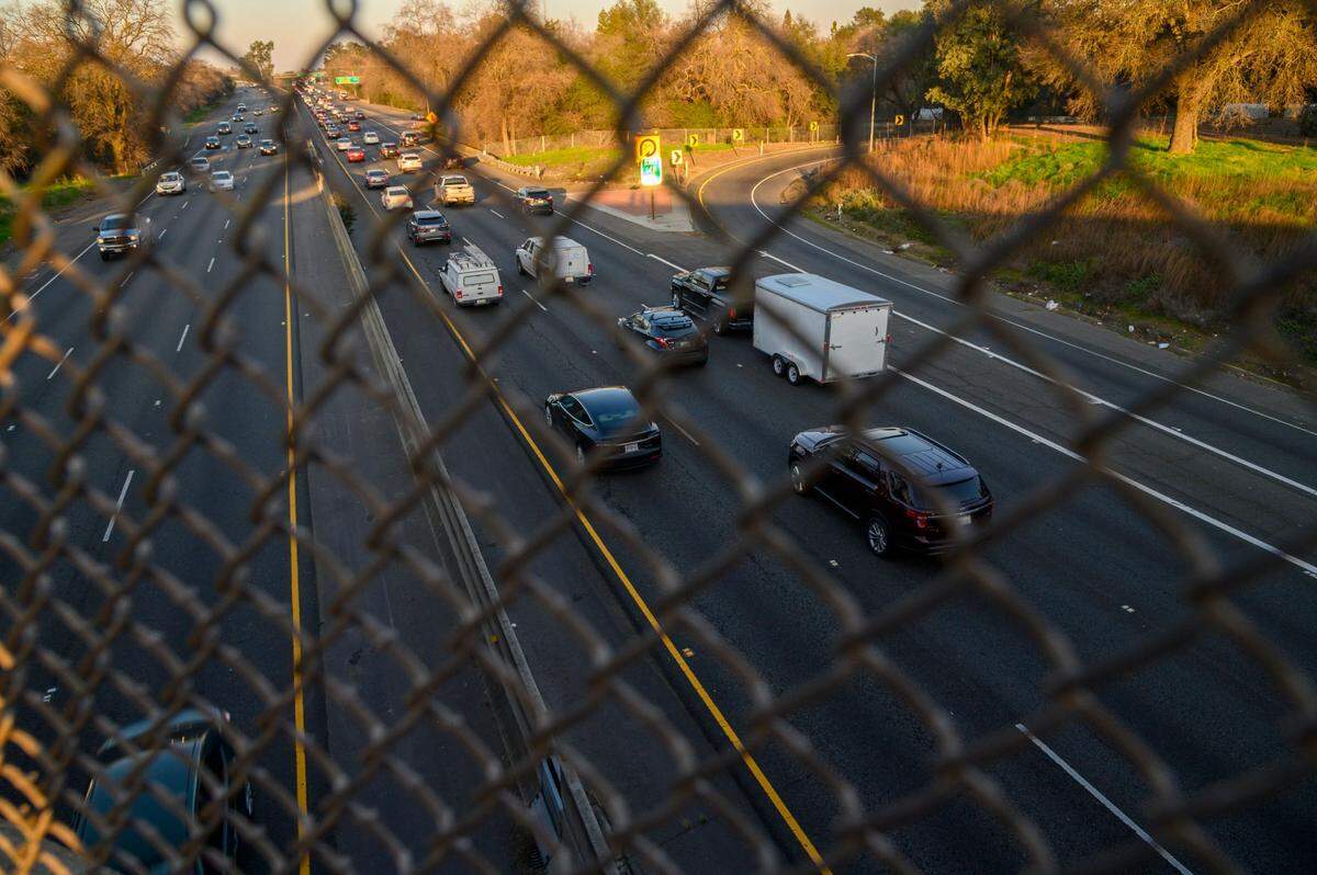 Six lanes of Capital City Freeway traffic run under the Watt Avenue overpass near the Children’s Receiving Home in Sacramento on in January. Kendra Czekaj, 12, was struck by a car and killed when she tried to join other AWOL teens in the median on January 15.