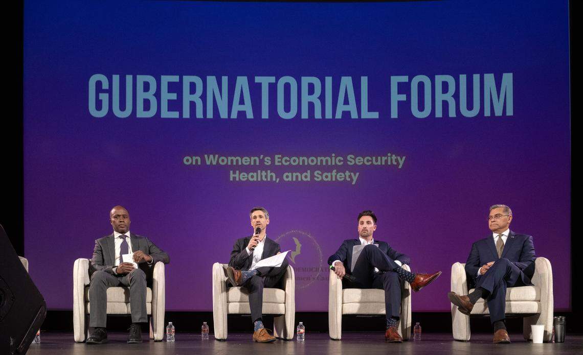 Democratic gubernatorial candidates, from left, Tony Thurmond, left, California superintendent of public instruction; Matt Mahan, mayor of San Jose; Ian Calderon, former Majority Leader of the California Assembly; and Xavier Becerra, former secretary of U.S. Health and Human Services, answer questions during a gubernatorial forum on Wednesday at the Crest Theatre in Sacramento.