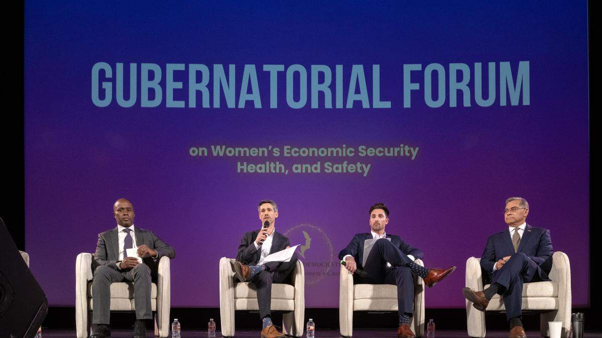 Democratic gubernatorial candidates, from left, Tony Thurmond, California superintendent of public instruction; Matt Mahan, mayor of San Jose; Ian Calderon, former majority leader of the California Assembly, and Xavier Becerra, former secretary of U.S. Health and Human Services, answer questions during a gubernatorial forum on Wednesday, Feb. 18, 2026, at the Crest Theatre in Sacramento.