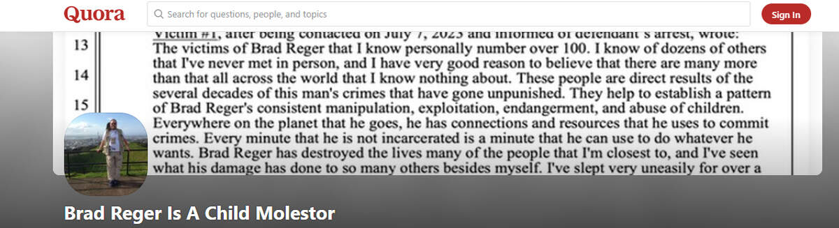 Zack Winfrey’s Quora post alleging sexual molestation helped result in federal charges against Brad Reger, 67, licensed nurse practitioner and former youth group leader from Susanville.