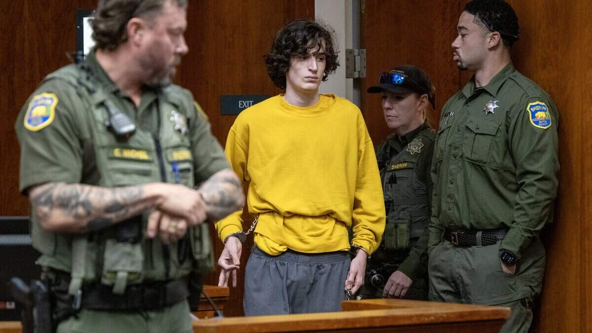 Bradley Sayer, the suspect in the Butte County Library shooting, appears for an arraignment hearing on Thursday at the Butte Superior Court in Oroville. Sayer, 18, is charged with two counts of murder.