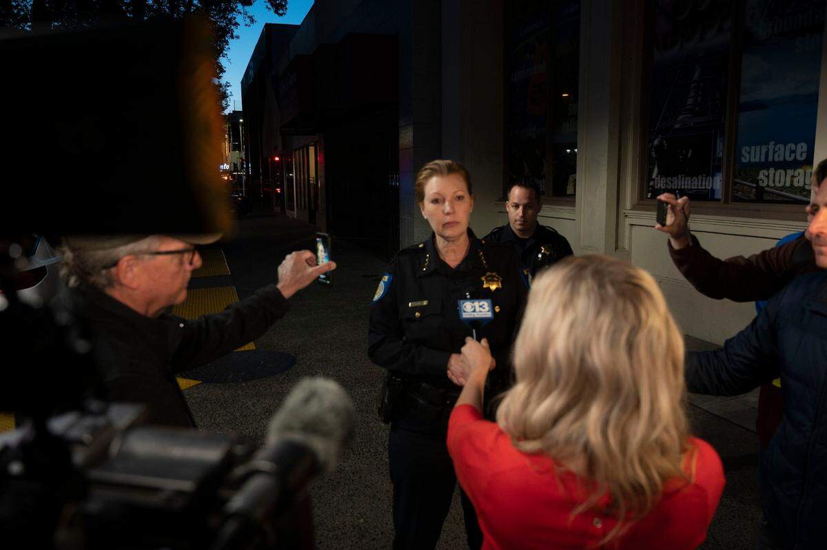 Sacramento Police Chief Kathy Lester speaks to media at the scene early Sunday morning where 18 people were wounded and six died in downtown Sacramento on April 3, 2022. 