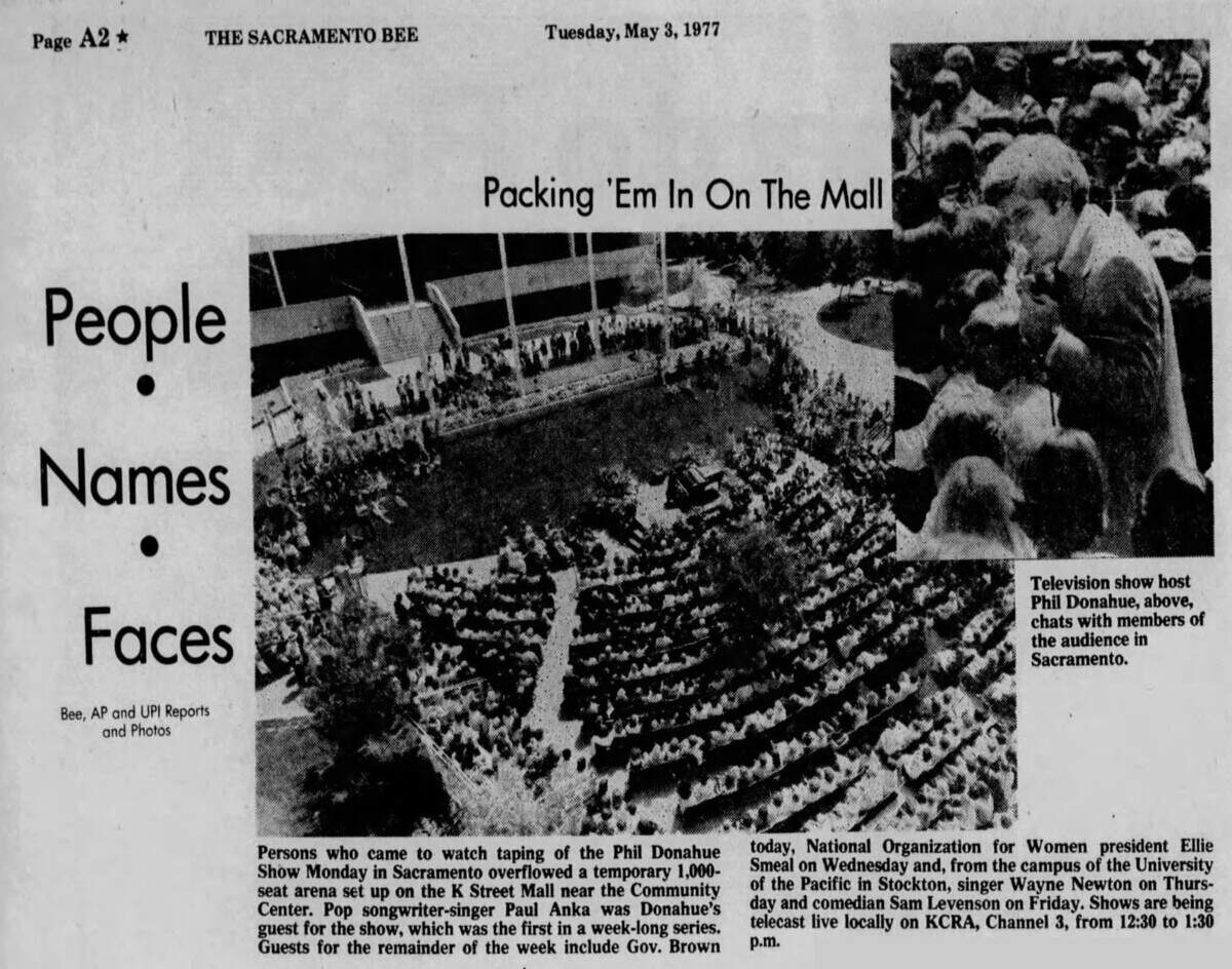 The temporary 1,000-seat arena is set up at the end of K Street Mall in a newspaper clipping from the first day of television show host Phil Donahue in Sacramento shows.