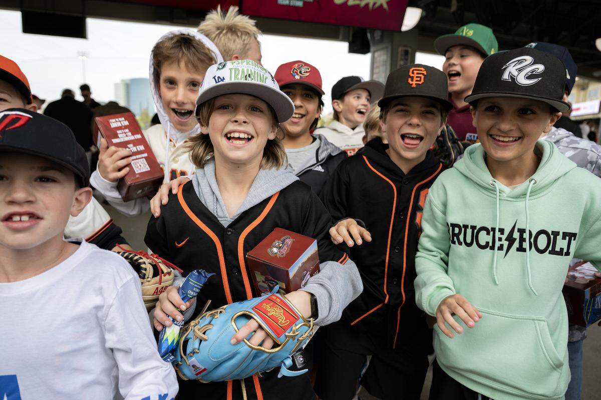 Members of Arden Little League before the Sacramento River Cats’ Opening Day on March 28 at Sutter Health Park in West Sacramento.