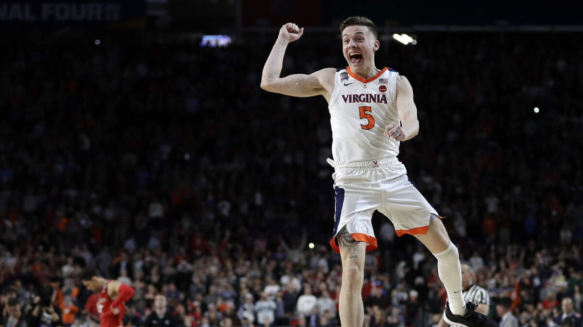 Virginia’s Kyle Guy celebrates after defeating Texas Tech 85-77 in the overtime in the championship of the Final Four NCAA college basketball tournament. He was selected in the second round of the NBA Draft by the Sacramento Kings on Thursday.