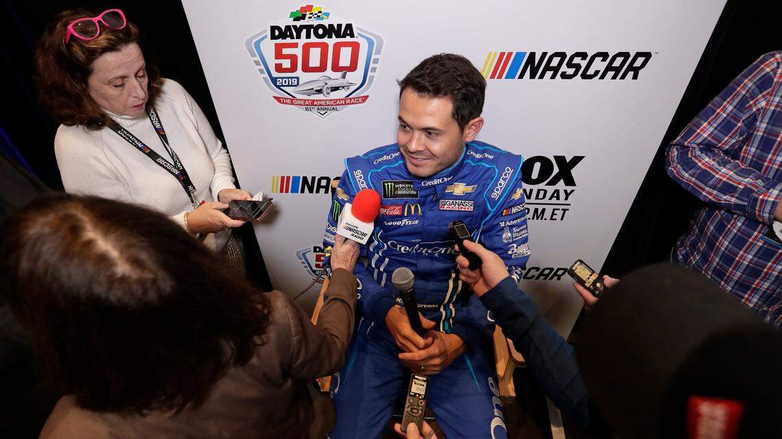 Kyle Larson answers questions during an interview at NASCAR Daytona 500 auto racing media day in 2019. The driver was suspended Monday for using a racial epithet during an online race Sunday night.