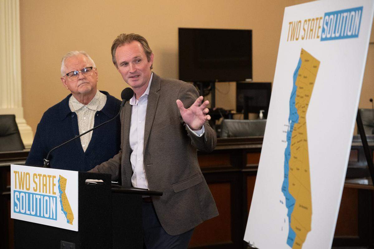 Assembly Minority Leader James Gallagher, R–Yuba City, announces a resolution calling for a "two state solution" – the creation of a new U.S. state made up of 35 inland California counties – at the state Capitol on Wednesday.