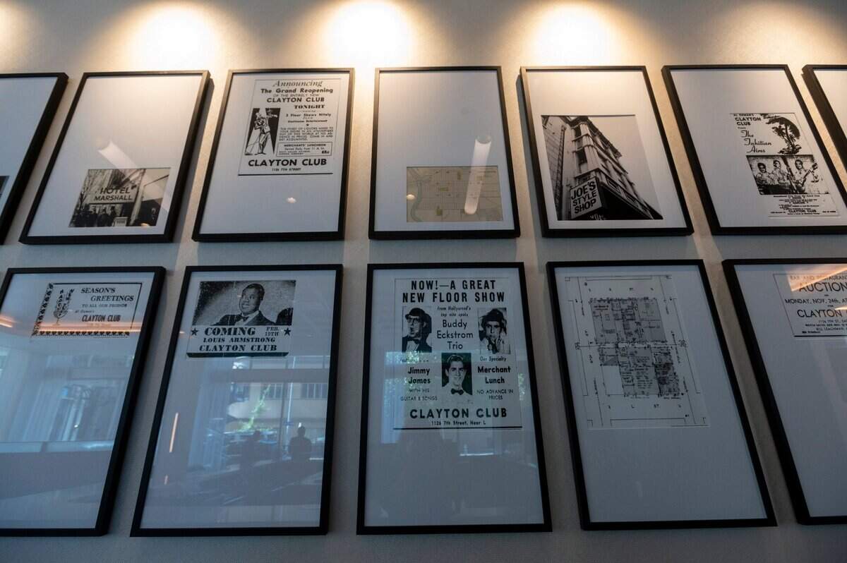 Posters from performances at the former Hotel Clayton are displayed at the Hyatt Centric Downtown Sacramento. Opened in 1911 as the the upscale Hotel Clayton, the site was a key music venue during Sacramento’s jazz era from the 1920s to 1950s.