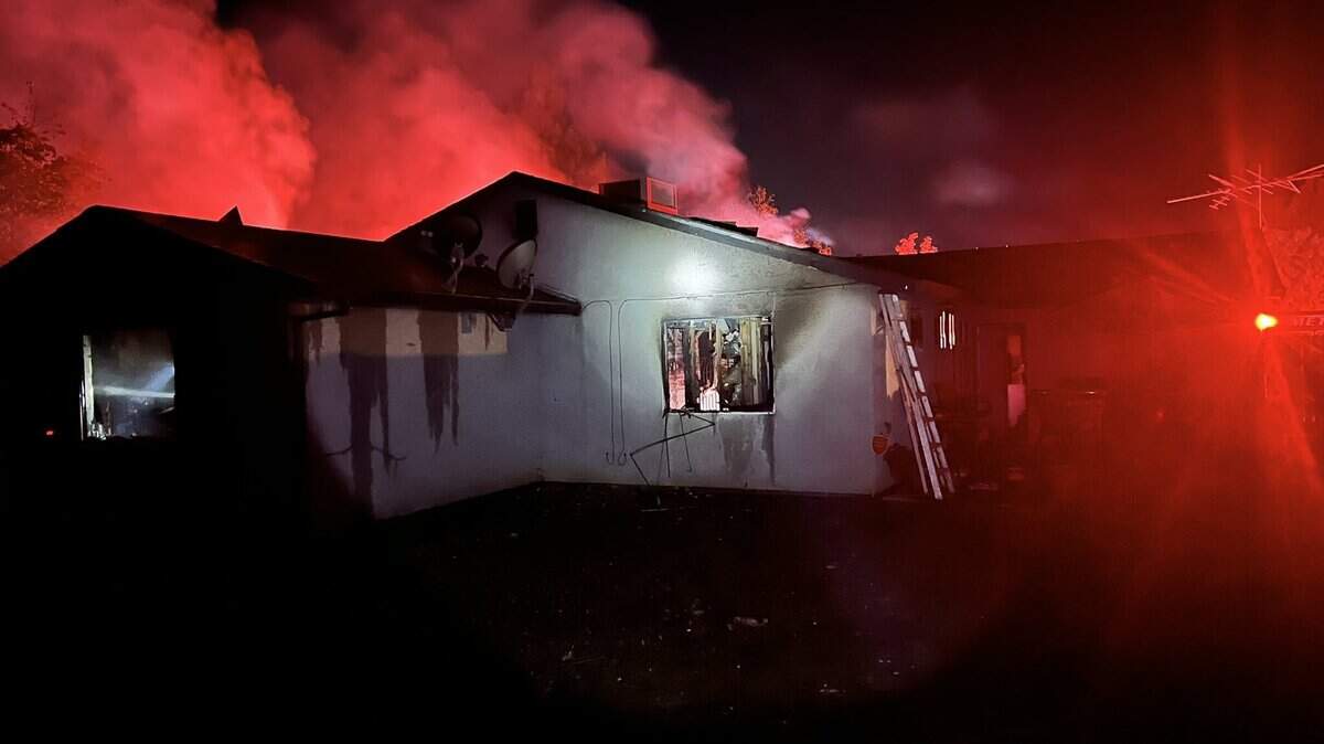 A house in Rio Linda burns early Saturday, Nov. 19, 2022. Two people were inside; one of whom managed to get out but the other person died, according to Metro Fire.