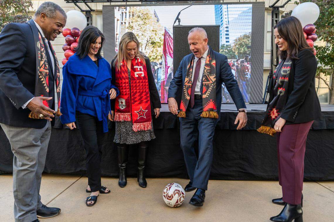 Sacramento Mayor Darrell Steinberg works to impart some soccer skills on other City Council members before a press conference last month, about plans for the construction of a new, state-of-the-art soccer stadium in the downtown Railyards.