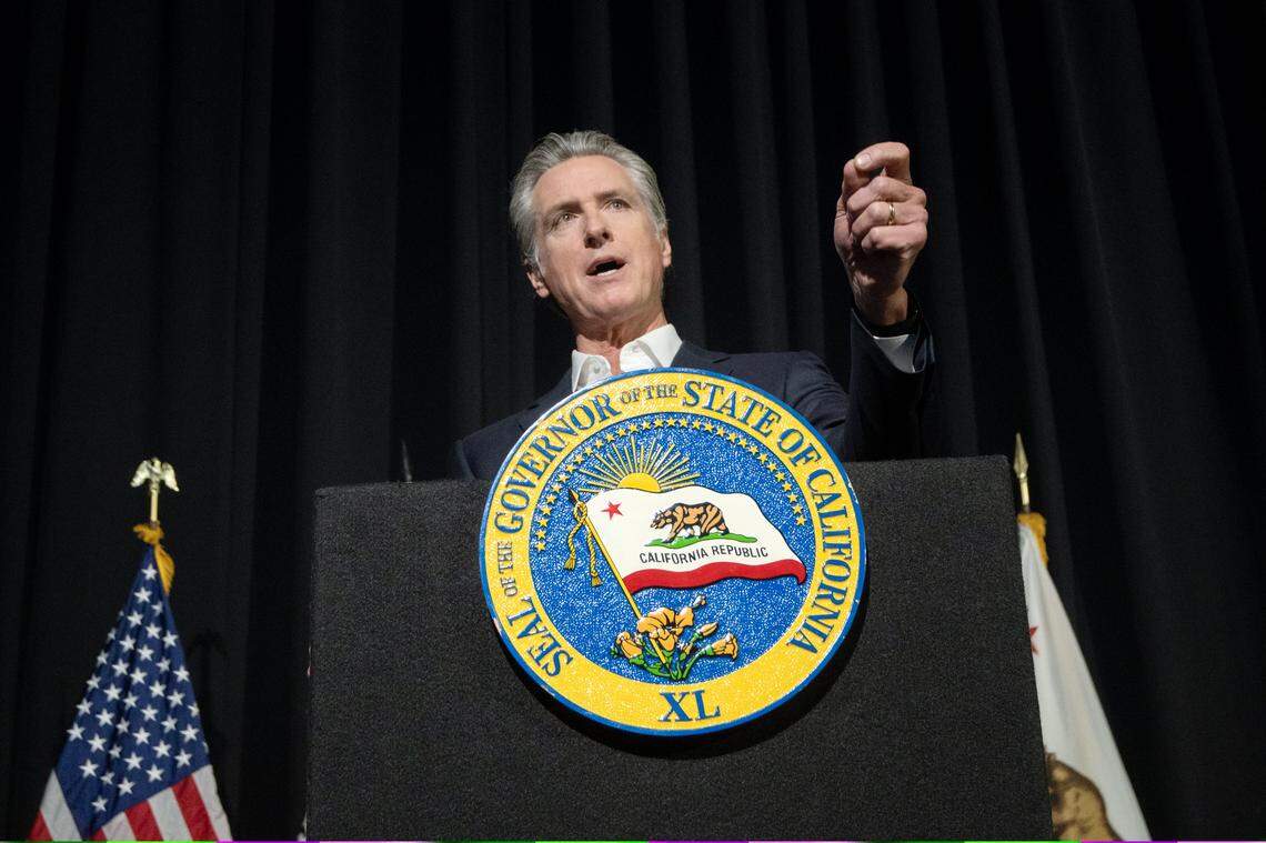 California Gov. Gavin Newsom discusses national politics at Adventist Health Arena in Stockton on Wednesday.