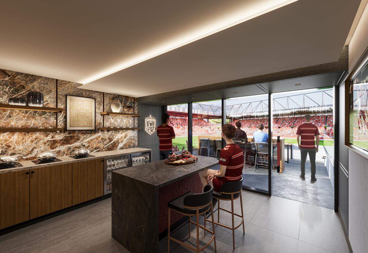 A rendering released Wednesday shows a planned premium suite for the Sacramento Republic FC soccer stadium being built in the Railyards district and that is projected to open in 2028.