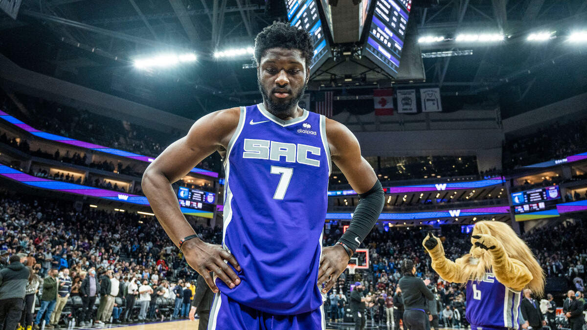 Sacramento Kings forward Chimezie Metu (7) waits for an interview after he hit a game winning three point basket against the Dallas Mavericks on Wednesday, Dec. 29, 2021 during an NBA basketball game at Golden 1 Center in Sacramento.