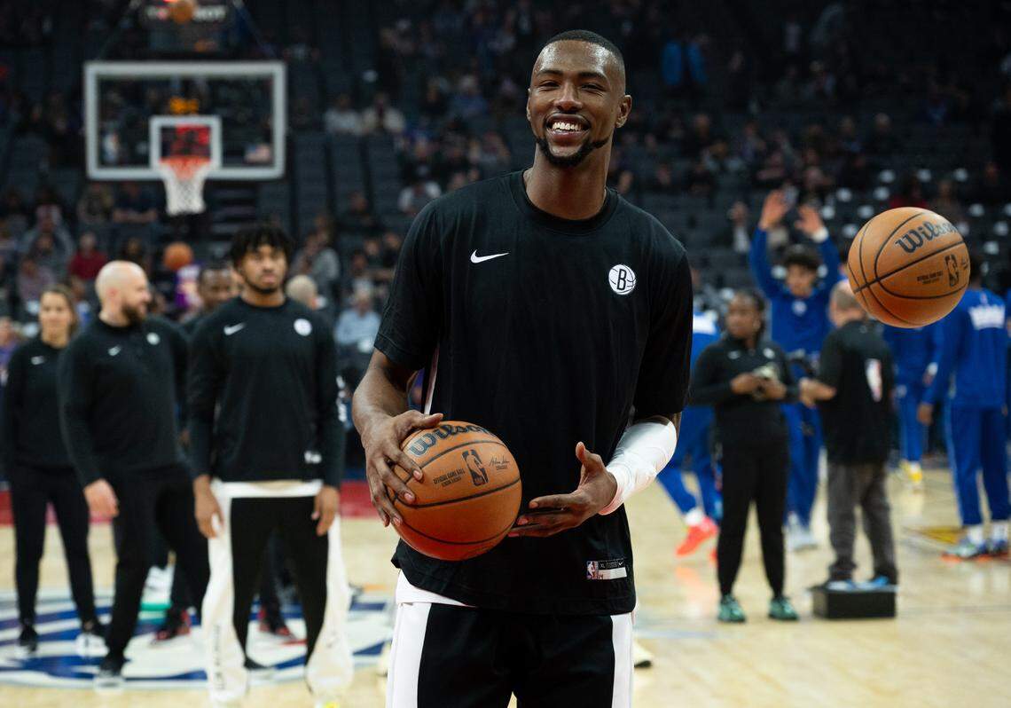Brooklyn Nets forward Harry Giles III warms up before the game at Golden 1 Center on Monday.