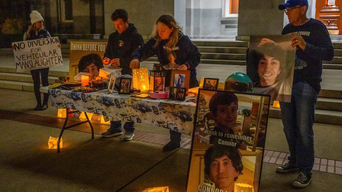 John and Allison Lyman set up a display for Connor Lopez on the World Day of Remembrance for Road Traffic Victims at the state Capitol on Sunday, Nov. 16, 2025. Lopez died in April 2025. Allison Lyman is organizing a rally on April 23, 2026, with other grieving families to protest the way California handles vehicular homicide cases.