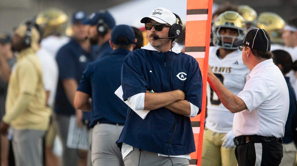 UC Davis Aggies head coach Tim Plough watches on as Mercer Bears take on UC Davis Aggies during the FCS Kickoff Game at Cramton Bowl in Montgomery, Ala. on Saturday, Aug. 23, 2025.