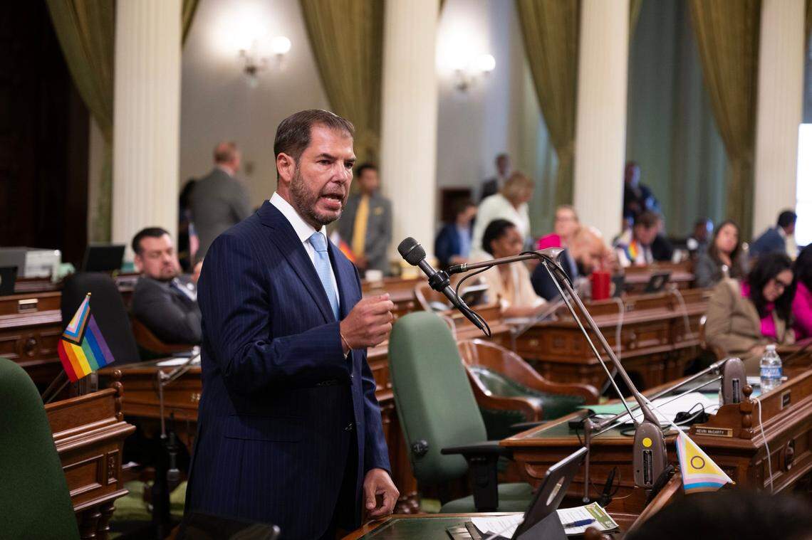 Assemblyman Joaquin Arambula, D-Fresno, argues Wednesday on behalf of his bill AB 1840, which would give undocumented immigrants in good standing the opportunity to purchase a home, on the Assembly floor in the final week of the legislative session at the state Capitol.