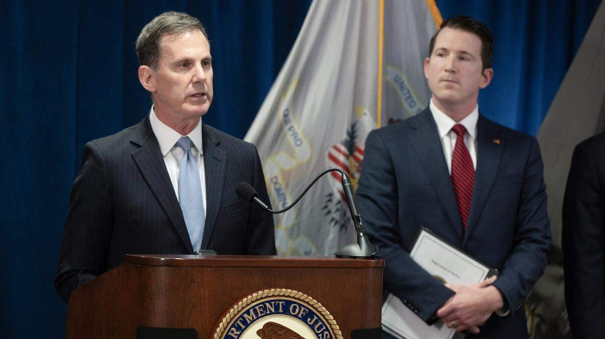 Craig Missakian, US Attorney for the Northern District of California, joined by Colin McDonald (R), assistant attorney general of the Justice Department's Fraud Division, speaks at a press conference in San Francisco, California, on April 30, 2026, announcing a new strike force against health care fraud. (Photo by Karl Mondon / AFP via Getty Images)