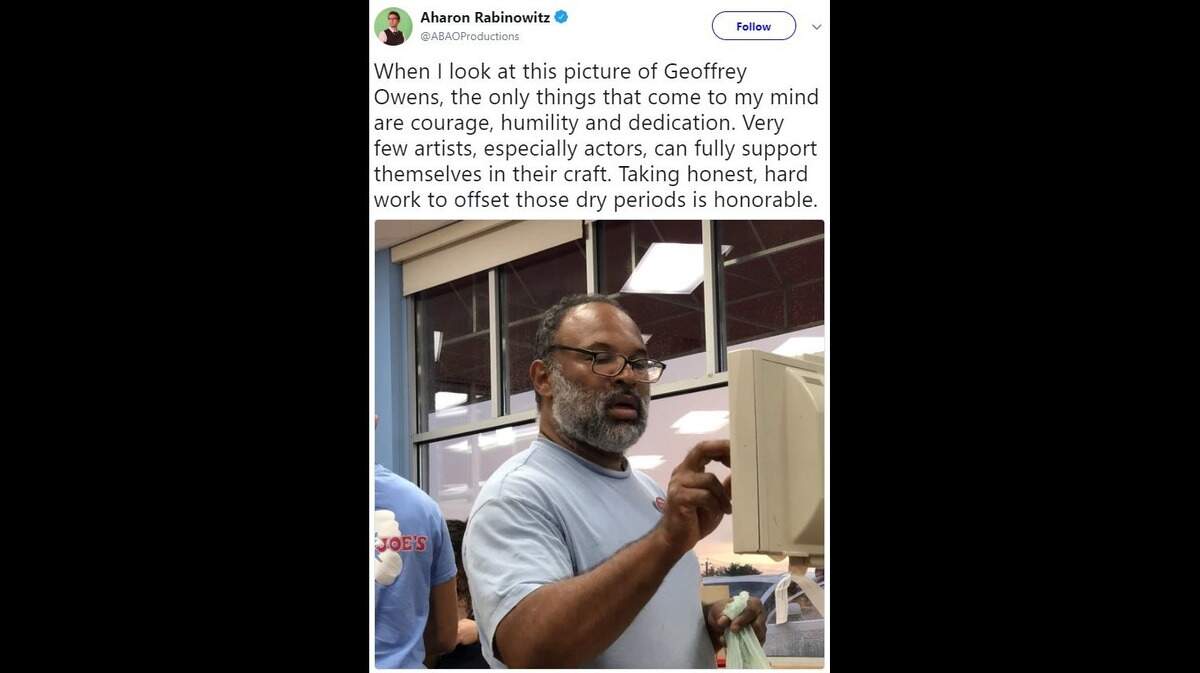 Twitter posts mocking actor Geoffrey Owens, who played Elvin on “The Cosby Show,” after photos surfaced of him working as a Trader Joe’s cashier spark an angry response from fans and others in show business.